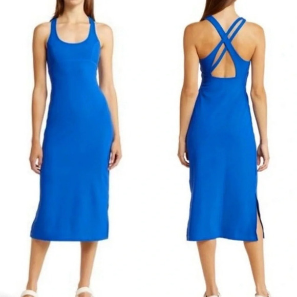 Sweaty Betty Dress Women's Size XS Blue Emily Strappy Back Ribbed Midi Bodycon - Picture 1 of 6